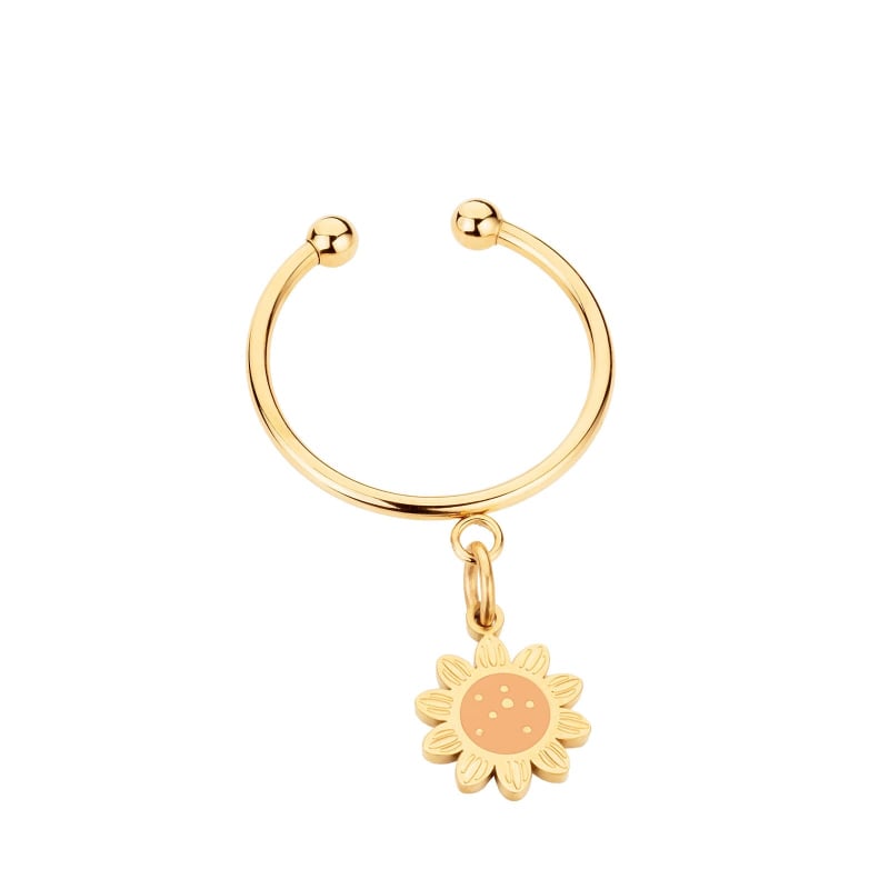 Bague charm fleur gravée, acier inoxydable