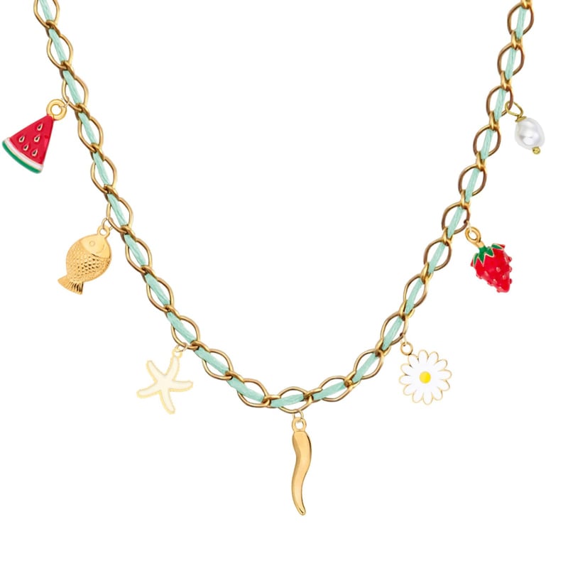 Collier charms personnalisé chaîne dorée et cordon vert d'eau, acier inoxydable
