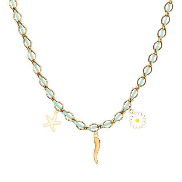 Collier charms personnalisé chaîne dorée et cordon vert d'eau, acier inoxydable