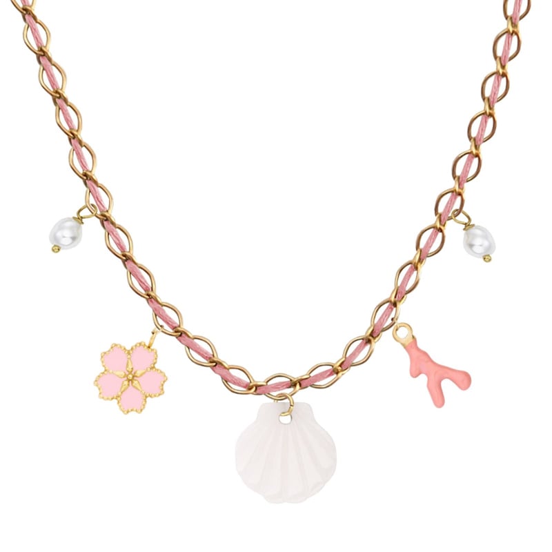 Collier charms personnalisé chaîne dorée et cordon rose, acier inoxydable