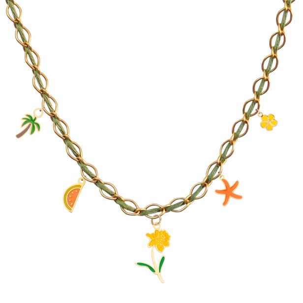 Collier charms personnalisé chaîne dorée et cordon kaki, acier inoxydable