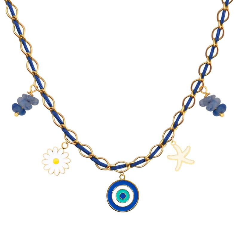 Collier charms personnalisé chaîne dorée et cordon bleu foncé, acier inoxydable