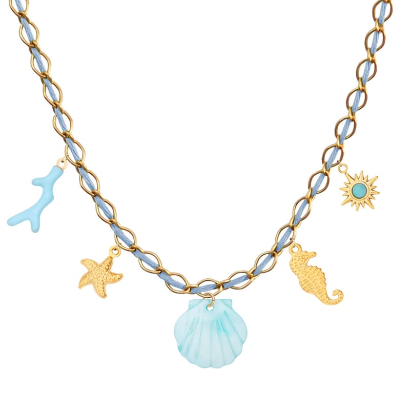 Collier charms personnalisé chaîne dorée et cordon bleu, acier inoxydable