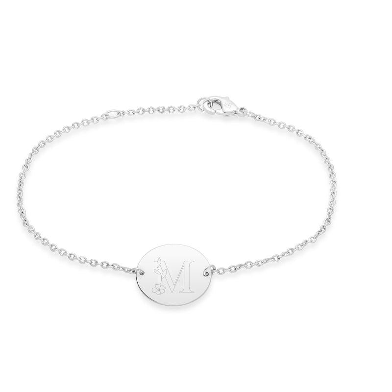 Bracelet initiale florale gravée, argent