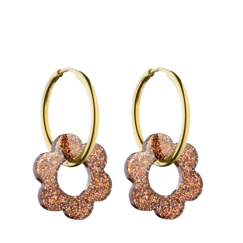 Boucles d’oreilles fleur en résine marron pailleté, acier inoxydable