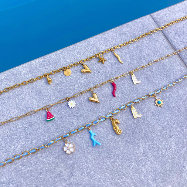 Collier charms personnalisé chaîne dorée et cordon bleu, acier inoxydable