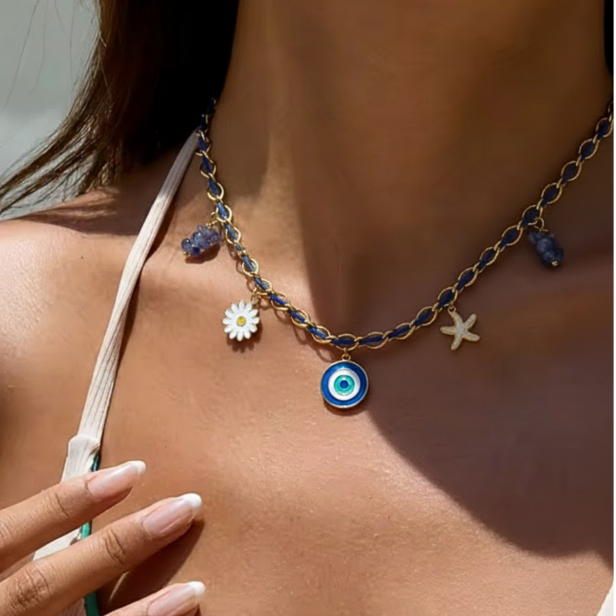 Collier charms personnalisé chaîne dorée et cordon bleu foncé, acier inoxydable