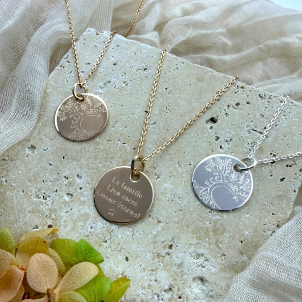 Collier personnalisé dessin arbre de vie, plaqué or