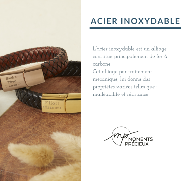Bracelet homme personnalisé en cuir gris tressé, double tour avec boucle argentée