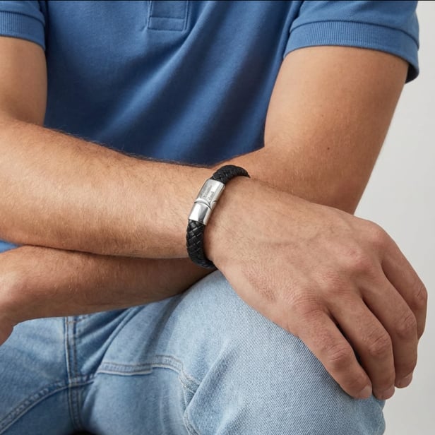 Bracelet homme personnalisé en cuir noir tressé