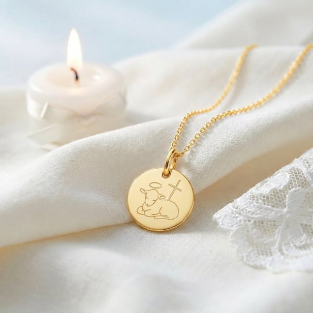 Collier enfant personnalisé baptême dessin Agneau, plaqué or