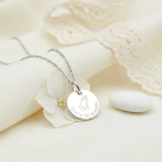 Collier enfant personnalisé baptême dessin prière, Argent