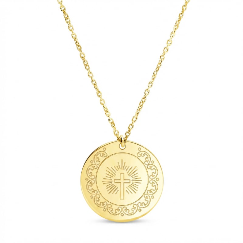 Collier gravé dessin croix scintillante, plaqué or