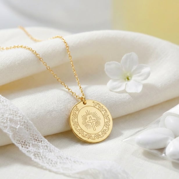 Collier gravé dessin croix scintillante, plaqué or