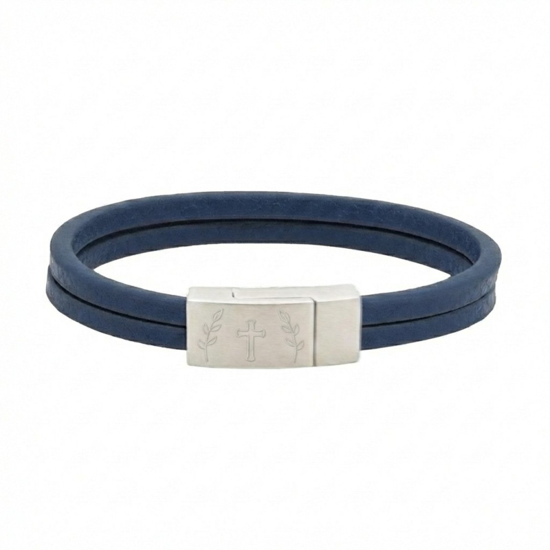 Bracelet illustré "Croix et Rameaux" en cuir plat, double tour avec boucle argentée