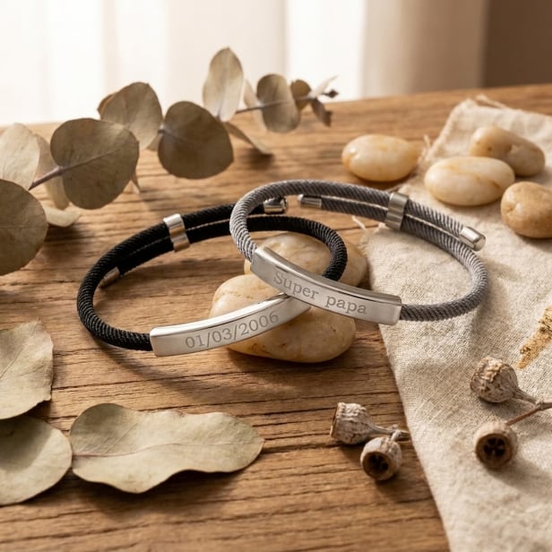 Bracelet homme cordon et plaque acier