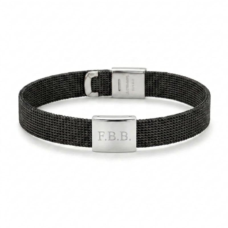 Bracelet  en Acier Noir, Argenté ou Doré avec Plaque Argentée