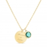 Packshot du Collier personnalisé médaille martelée 15 mm Plaqué Or et pierre fine verte