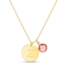 Packshot du Collier personnalisé médaille martelée 15 mm Plaqué Or et pierre fine fuchsia