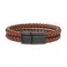 Bracelet homme personnalisé en cuir marron tressé, double tour avec boucle noire