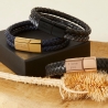 Bracelet homme personnalisé en cuir noir tressé, double tour avec boucle noire