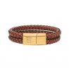 Bracelet homme personnalisé en cuir marron tressé, double tour avec boucle dorée