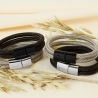 Bracelet personnalisé double cuir tressé gris métal et fermoir argenté