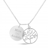 Collier gravé double médaille lisse et pendentif arbre de vie, argent