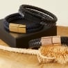 Bracelet homme personnalisé en cuir tressé double tour noir, boucle noire