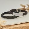 Bracelet homme personnalisé en cuir tressé noir et boucle argentée