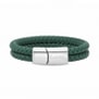 Bracelet homme personnalisé en cuir vert tressé, double tour avec boucle argentée