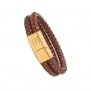 Bracelet homme personnalisé en cuir marron tressé, double tour avec boucle dorée