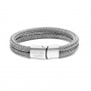 Bracelet personnalisé double cuir tressé gris métal et fermoir argenté