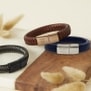Bracelet homme cuir tressé bleu marine et boucle acier argenté