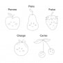 Illustrations de fruits au choix : cerise, fraise, pomme, poire, orange.