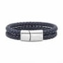 Bracelet homme personnalisé en cuir bleu tressé, double tour avec boucle argentée