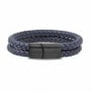 Bracelet homme personnalisable en cuir bleu tressé, double tour avec boucle noire