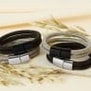 Bracelet personnalisé double cuir tressé gris métal et fermoir noir